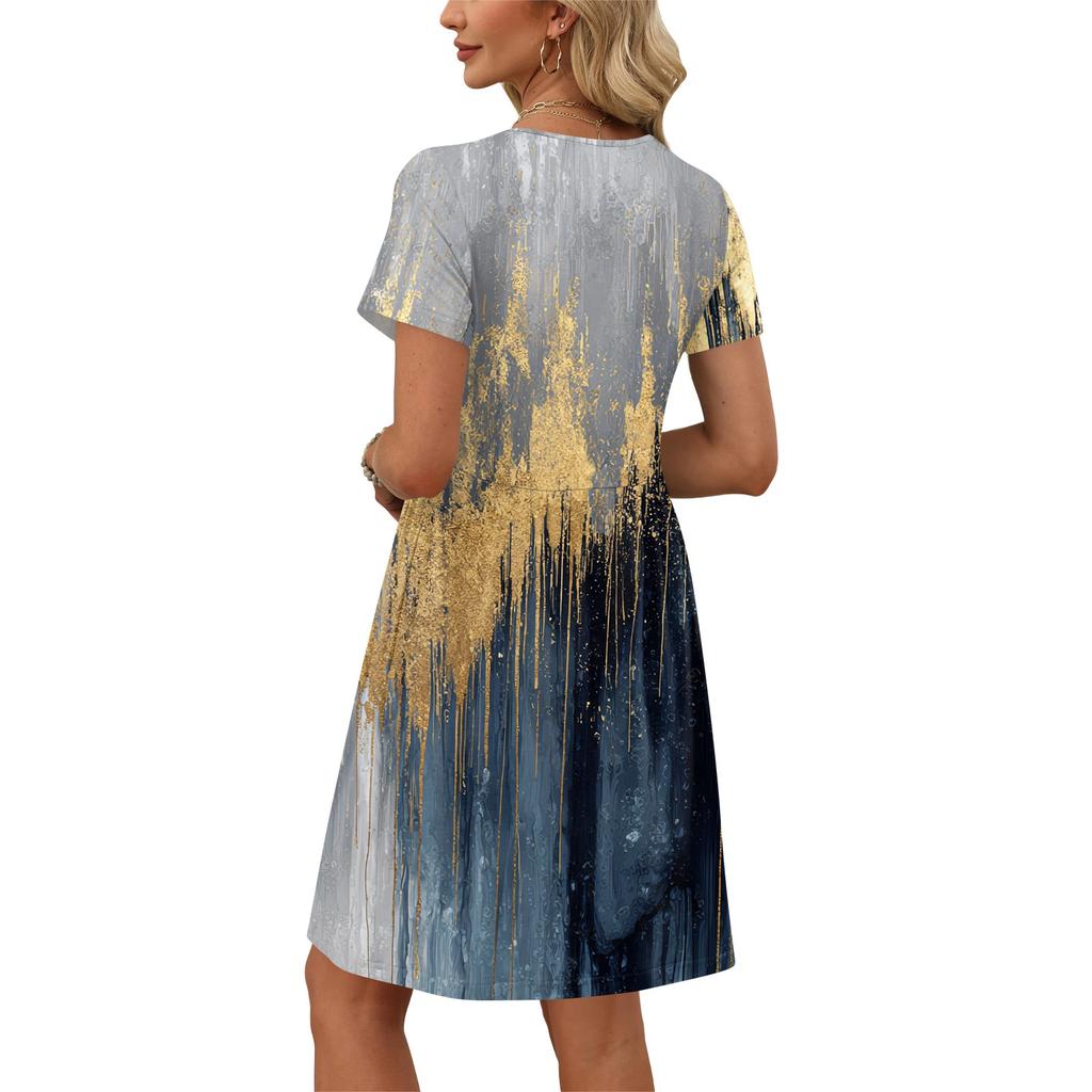 Dresses For Women Short Sleeve Print Round Neck Casual Dresses Waist Dress With Pockets