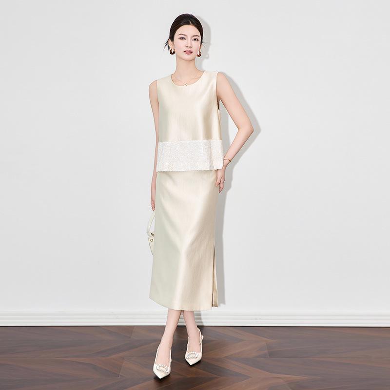 

Французский жилет с вышивкой пайетками и миди-юбка из тенселя, комплект из двух предметов для женщин Extra Large абрикосовый