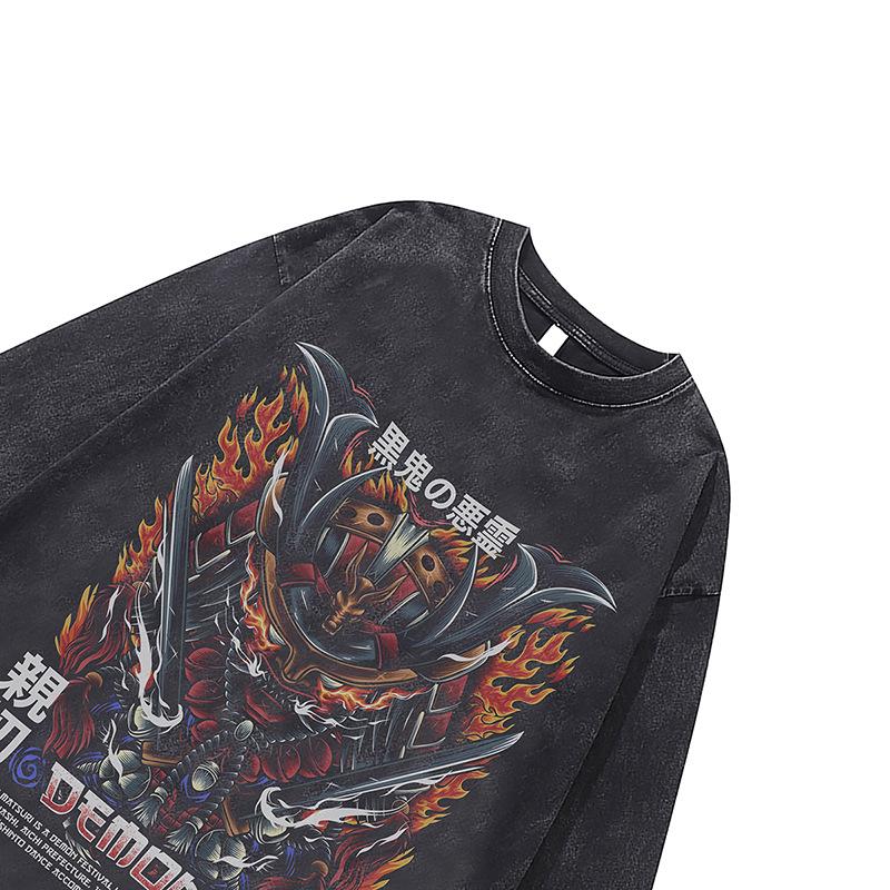 American Retro Heavy Cotton Long-Sleeved T-Shirt Men'S And Women'S Ukiyo-E Direct Injection Printing Washed Vintage Base T-Shirt