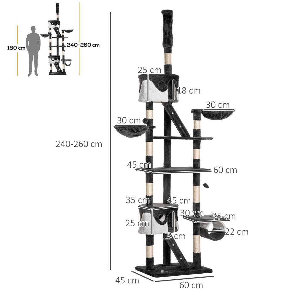 Ceiling Cat Scratching Post with Adjustable Height 240-260cm, Multi-Level Cat Tree with Beds, Hammocks and Ladders, Sisal Ropes, Dark Grey and White