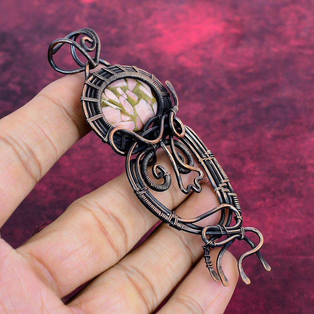Copper Pink Opal Gemstone Pendant Copper Wire Wrapped Pendant Handmade Jewelry