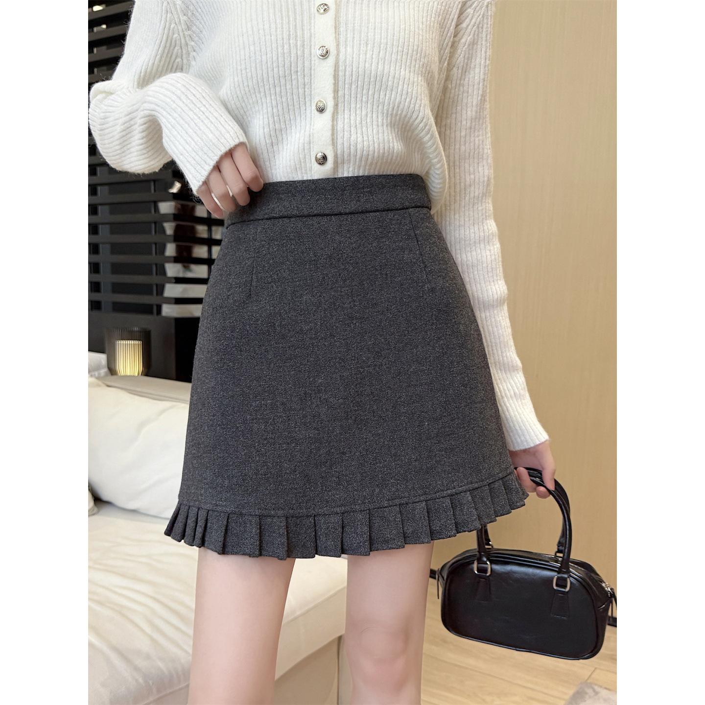Plus Size Grey Pleated Wool A-Line Mini Skirt for Spring/Autumn M