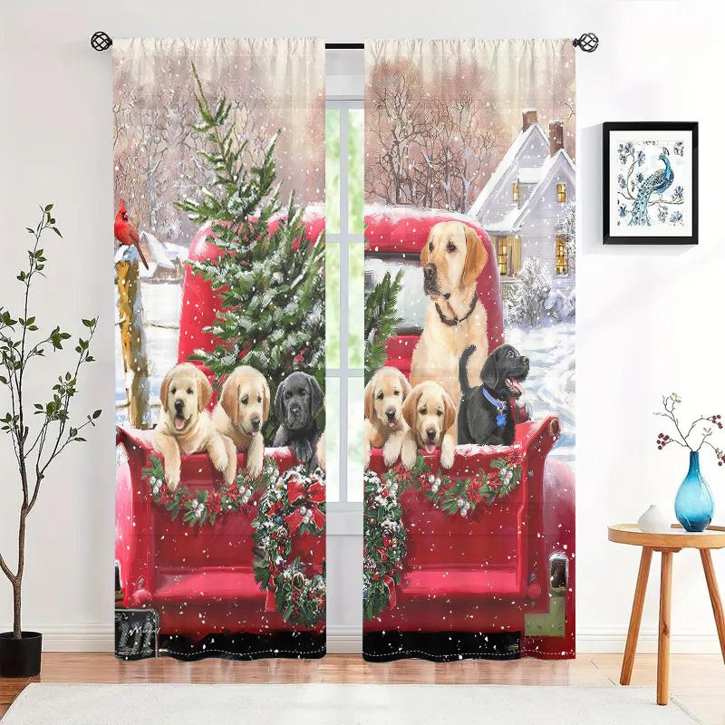 2 Pieces, Christmas Holiday Truck Puppy Curtains -30% Blackout - Suitable for Living Room, Bedroom, Home Decoration