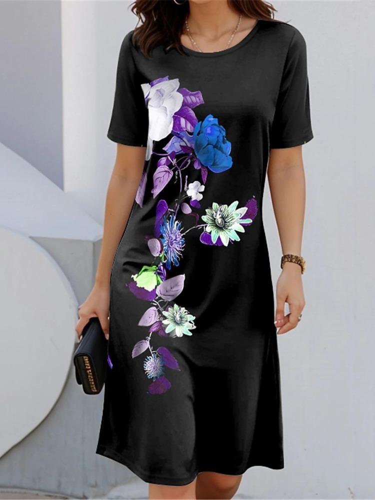 Dámské ležérní dlouhé letní šaty ve vintage stylu, pohodlný O výstřih, květinový potisk, délka ke kolenům, s kapsami