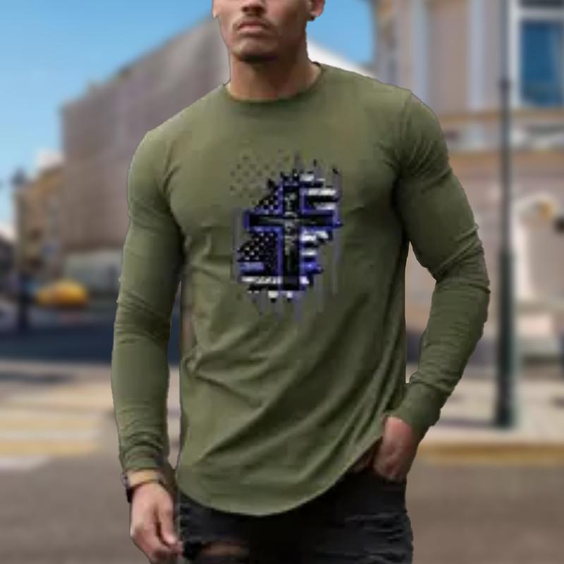 Creative Cross Print Men's Tshirts Long Sleeve Tees Round Neck Casual Pullover Men's Clothing Plus Size