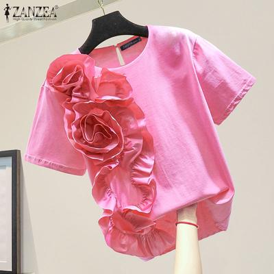 Blusas femininas casuais com decote redondo e manga curta com flores