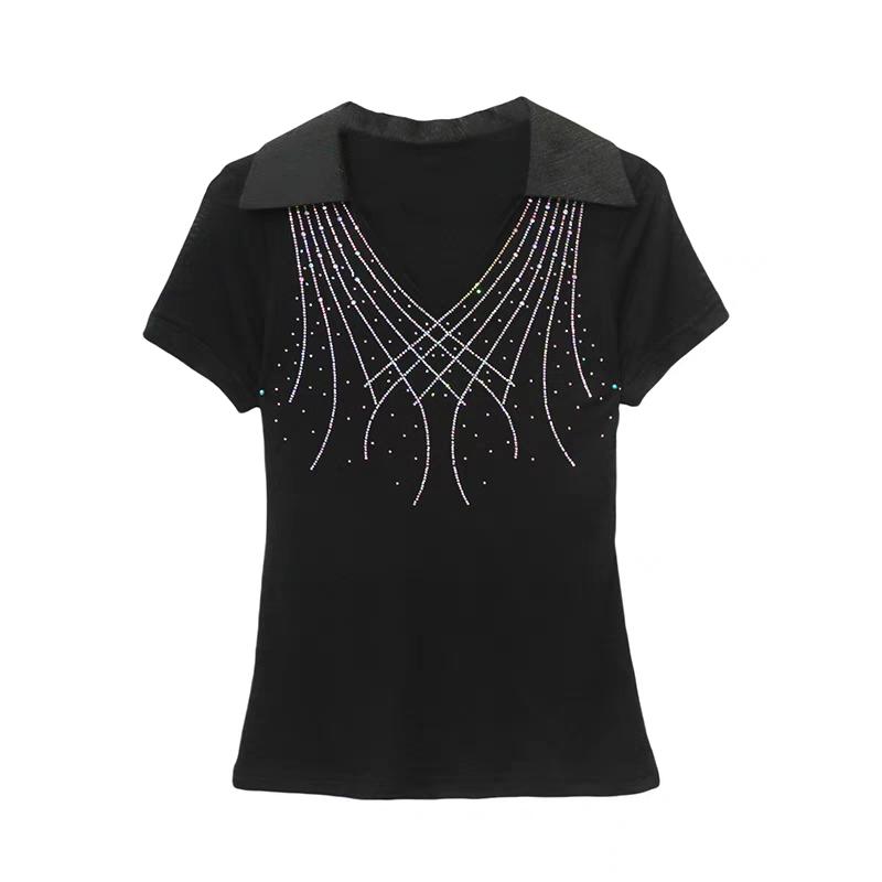 Women New Fashion European Summer Bling T-Shirt Clothes Sexy V-Neck Short-Sleeve Casual Tees Shiny Hot Diamonds Mesh Slim Tops Blouse