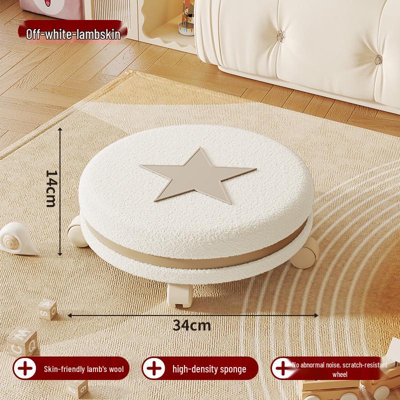 Cream Low Stool with Backrest and Universal Wheels - Ideal for Home, Grout, and Children's Use, Silent Sliding Design