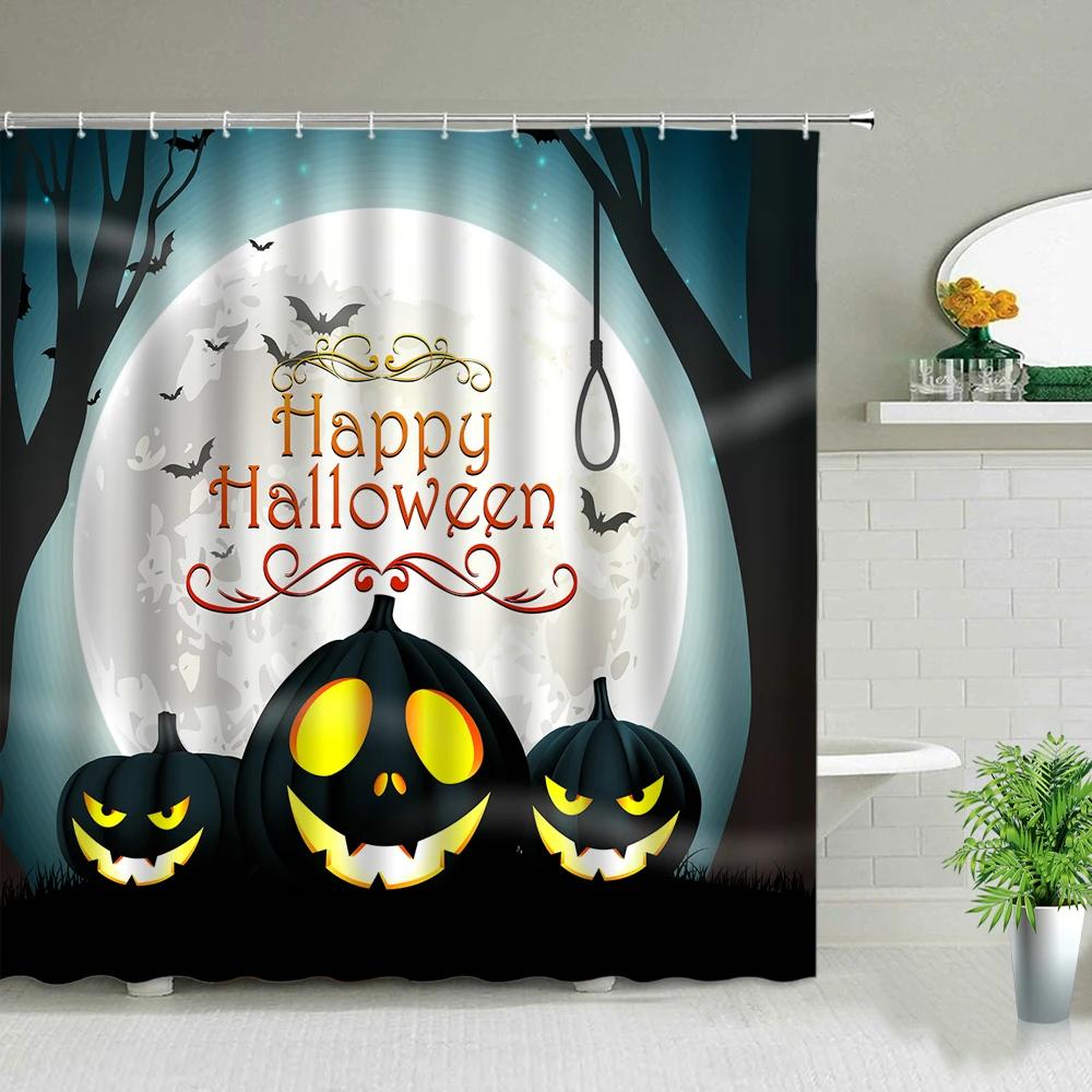 Happy Halloween Pumpkin Wizard Shower Curtains Cute Cartoon Terror Bathroom Curtain Background Wall Home Decor Screen With Hooks