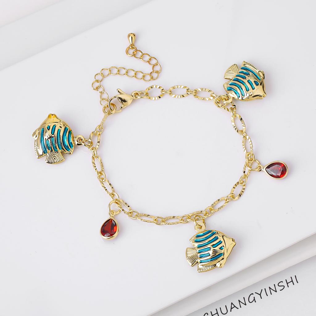 8-Color Gold-Plated Fish Pendant Crystal Bracelet Charming for Women Girls Party Trending Wrist Jewelry Birthday Vacation Gift