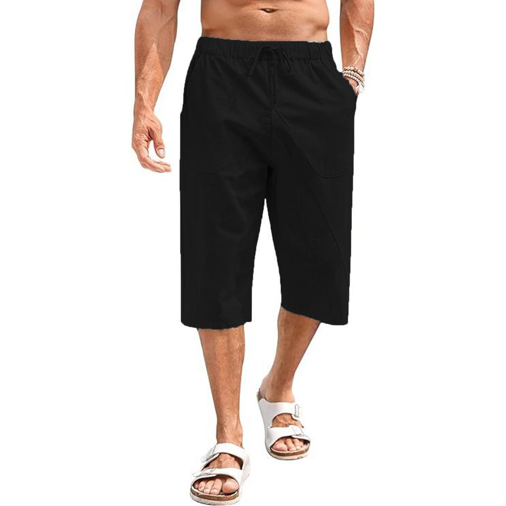 Pánské bavlněné a lněné kalhoty, letní kalhoty, plážové kalhoty, elastický pas se stahovací šňůrkou
