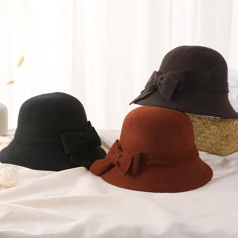 Hat women's autumn and winter new bow wool top hat thickened warm bucket hat middle old mother basin hat