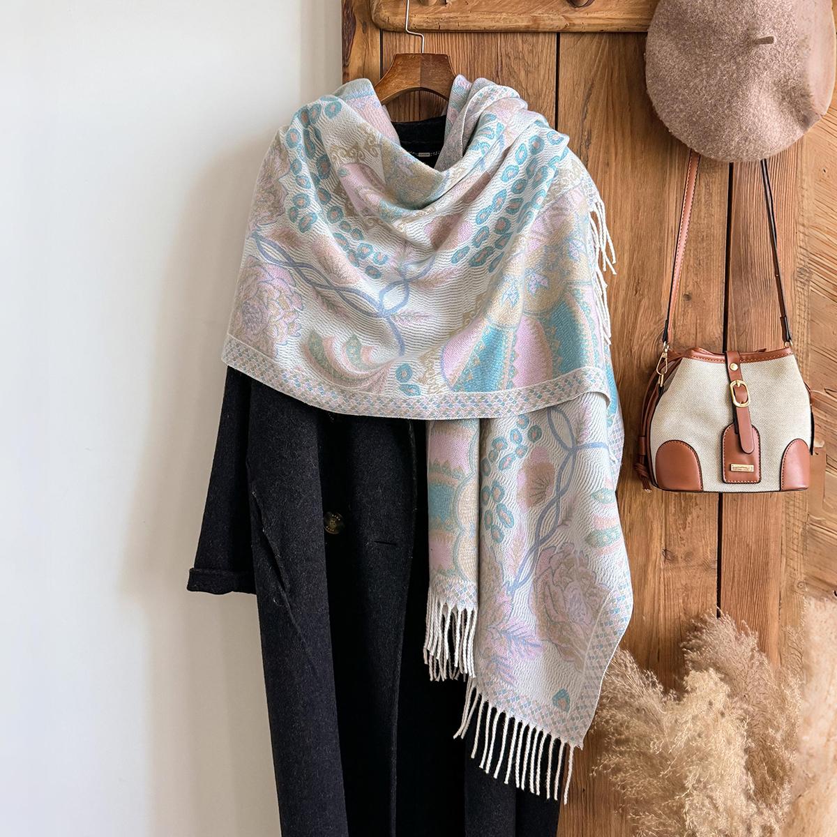 

Fashion Winter Cashmere Shawl For Women - Tasseled Vintage Oil Painting Floral Printed Pashmina Thick Wrap