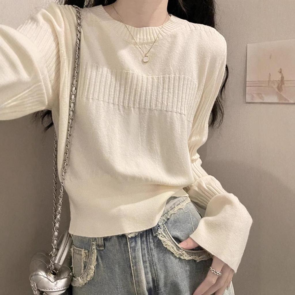 Women's White Cross-Border Bell Sleeve Sweater - Autumn/Winter Slim-Fit Waist-Cinching Knitted Pullover