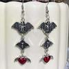 Gothic Bat Earrings, Punk Style, Red & Black Heart Dangle Earrings, Unique Statement Earrings