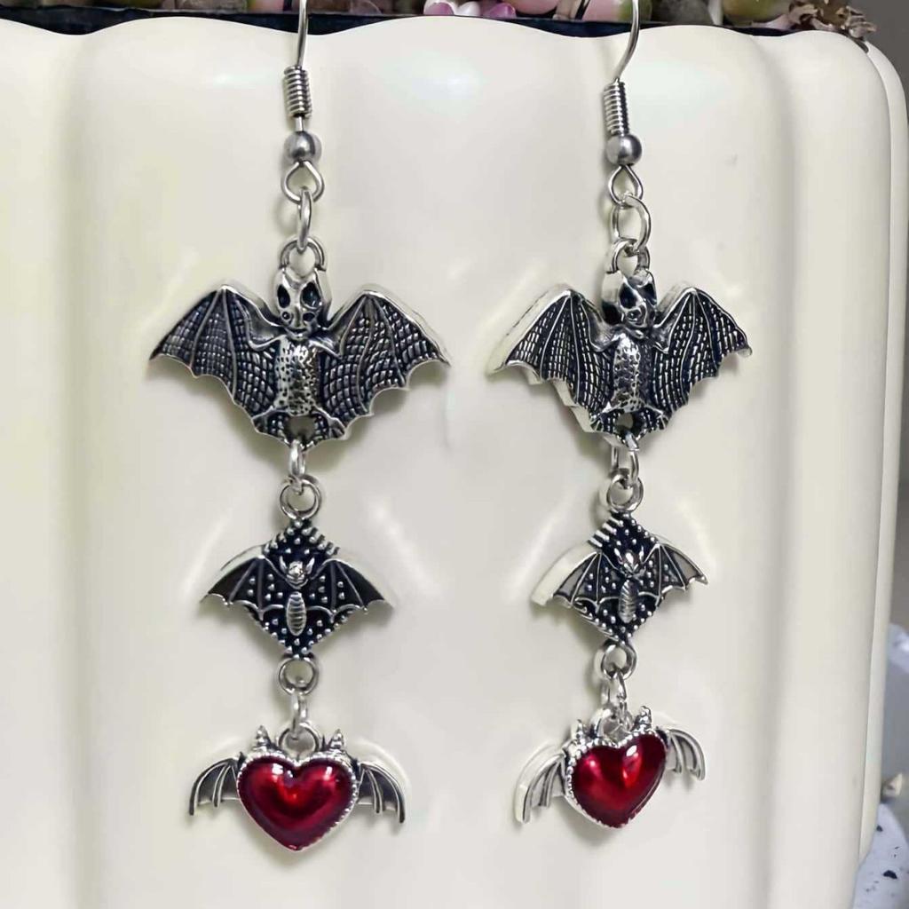 Gothic Bat Earrings, Punk Style, Red & Black Heart Dangle Earrings, Unique Statement Earrings