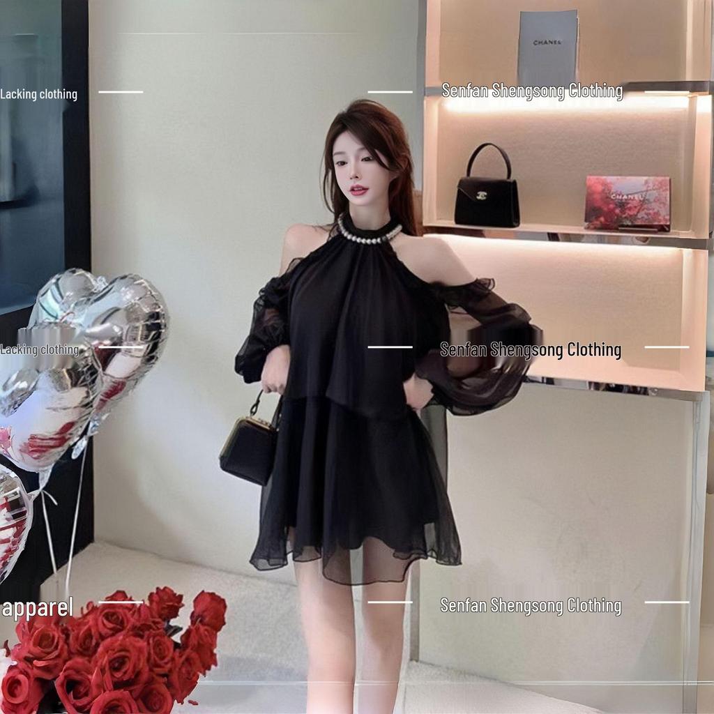 French Pearl Off-the-Shoulder Halter Mini Dress - Women's Summer 2026, Sweet Petite Style