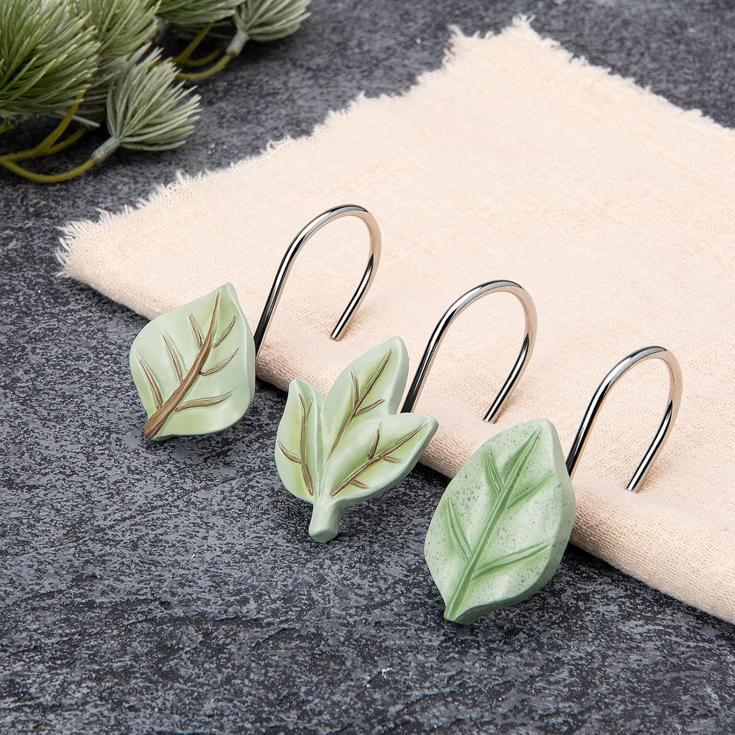 MitoVilla Plant Leaves Decorative Shower Curtain Hooks, Green Tropical Botanical Shower Hooks for Tree Leaf Shower Curtain & Liner, Rust Proof
