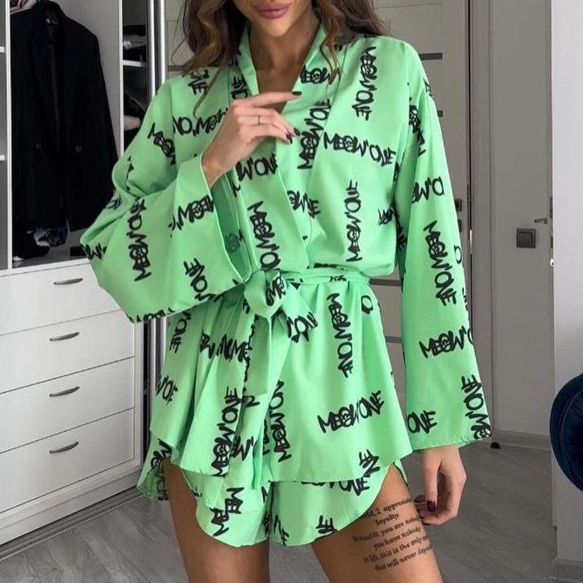Women's Loose Long-Sleeve Print Lace-Up High Waist Shorts Suit