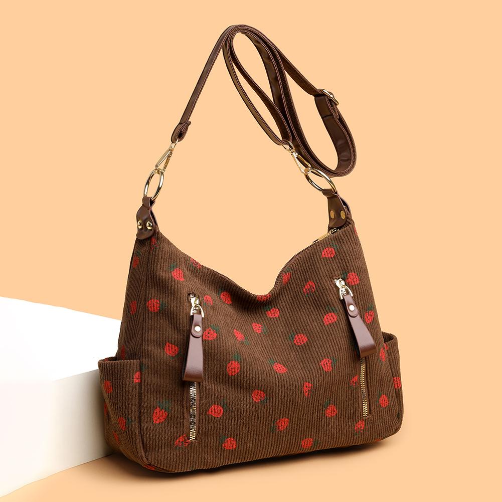 

Women Corduroy Shoulder Bag Adjustable Strap Strawberry Bag Multi-Pocket Hobo Bag Zipper Handbag for Work Travel коричневий