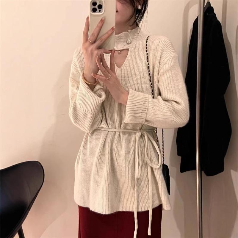 Drawstring Waist Knitted Sweater Autumn and Winter New Medium and Long Soft Waxy Lazy Wind Semi-turtleneck Machine Hollow Sweater Women