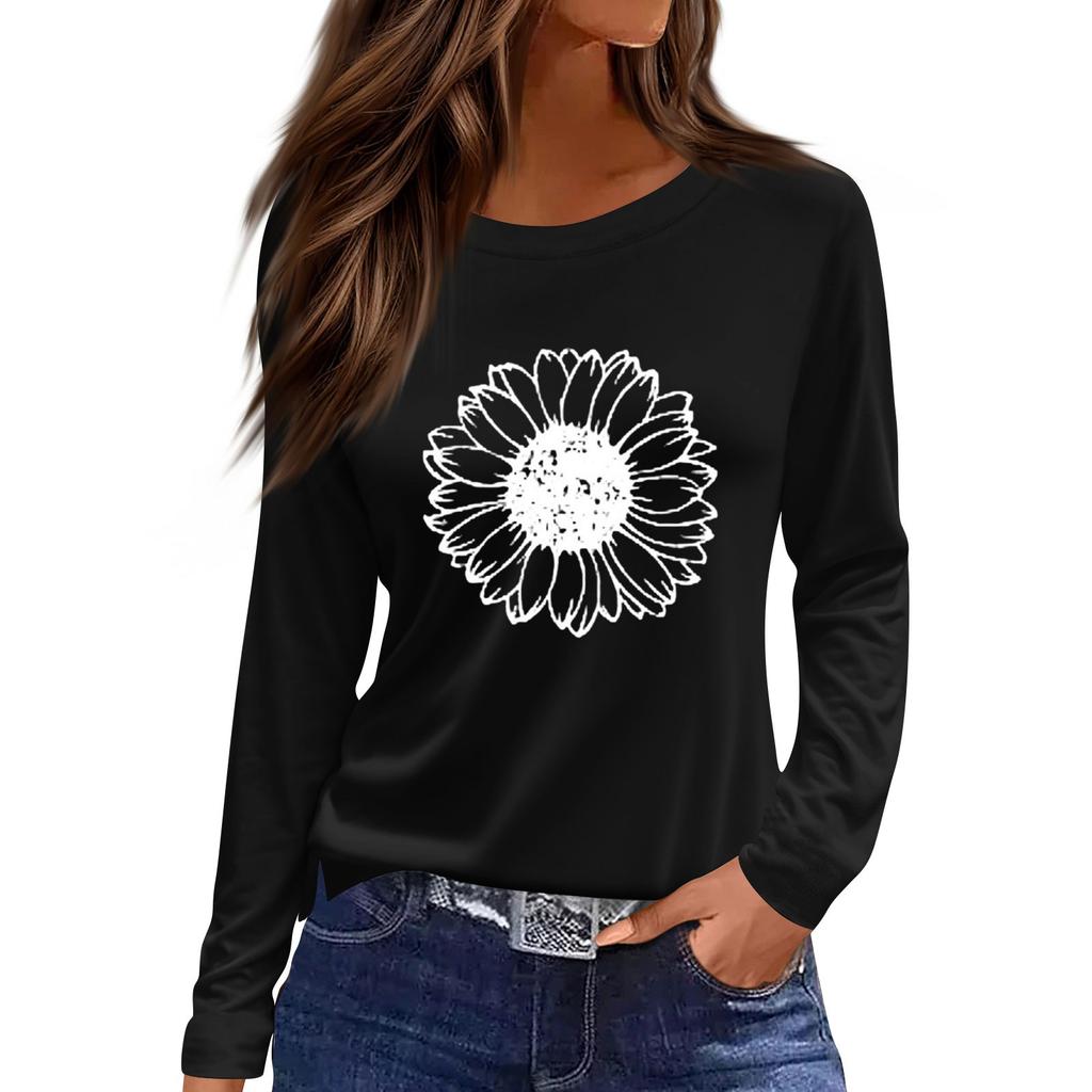 Women's Fashion Casual LongSleeve Print Round Neck Pullover Top Blouse