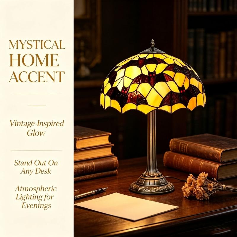 Bat Accent Lamp for Bedroom Desk Shelf with Warm Yellow Shade, Dark Style Home Light for Halloween Display, Side Table, and Room Setup