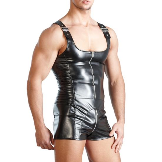 Sexy Men Sleeveless Open Crotch Faux Leather Zipper Bodysuit Shorts Jumpsuit