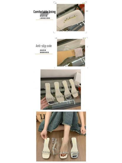 2025 Summer Crystal Rhinestone Dress Slippers - Temperament Fairy Style with Chunky Heels and Transparent Outer