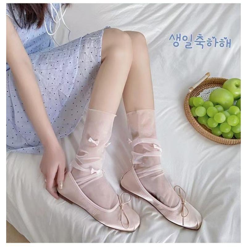 Women's Summer Ultra Thin Hollow Transparent Bow Net Yarn In The Tube Pile Socks
