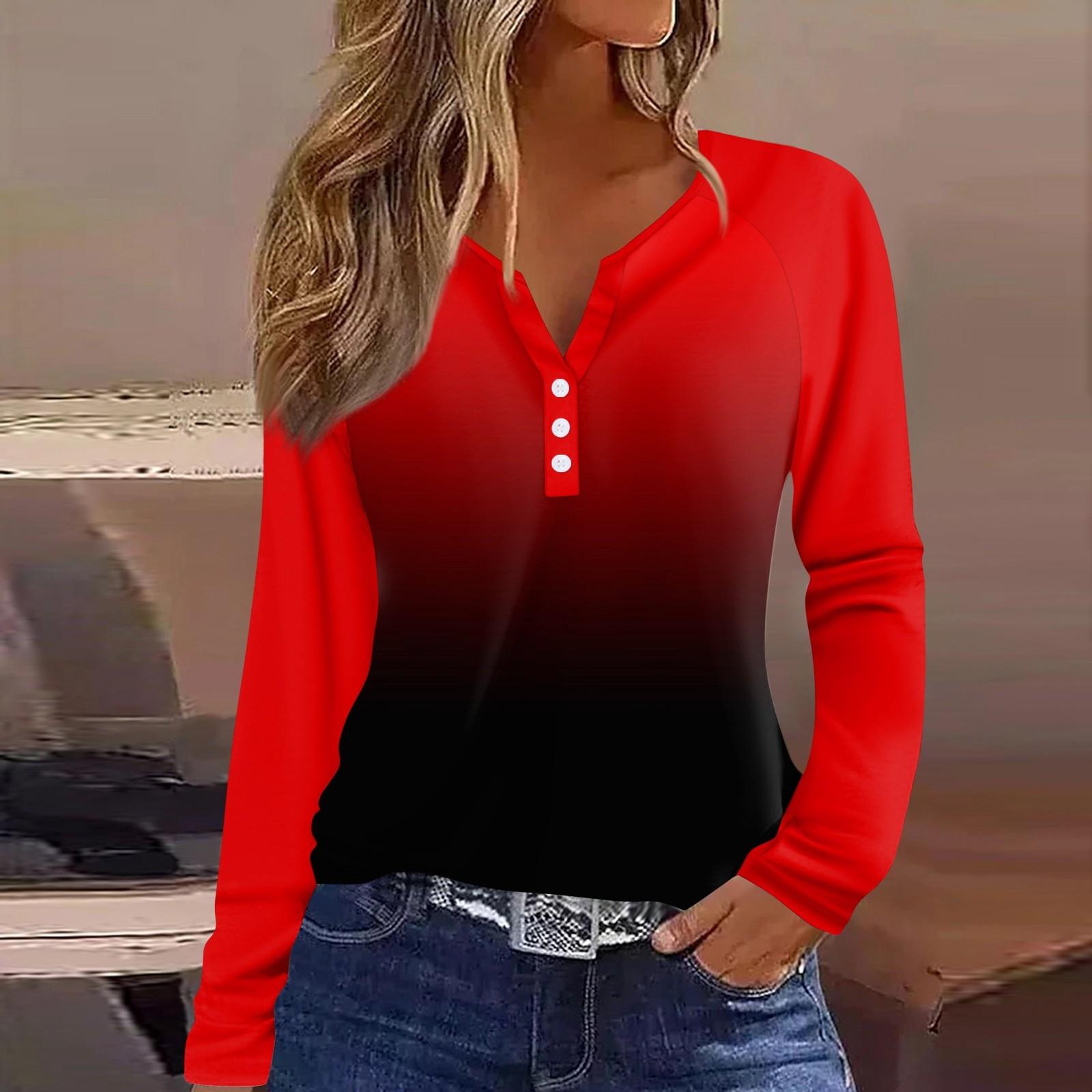 

Женская футболка с принтом, на пуговицах, с длинным рукавом, повседневная, для выходных, модная, базовая, с V-образным вырезом, обычный топ XXL красный