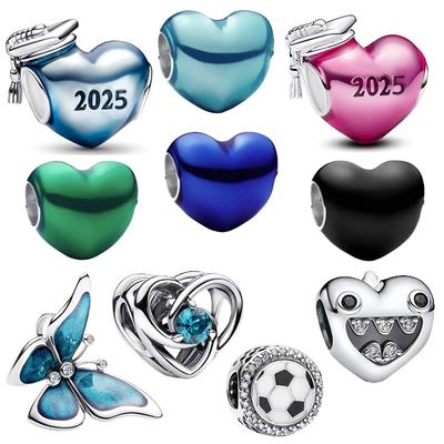 Copper Plating Blue Butterfly& Graduation Heart&Solid Color Heart&Football Beads Charm Fit Brand Bracelet Diy Jewelry