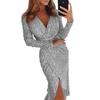 Elegante V-hals Lange Mouwen Pailletten Avondjurk Dames 2026 Formele Feestjurk Slim Fit Middellang