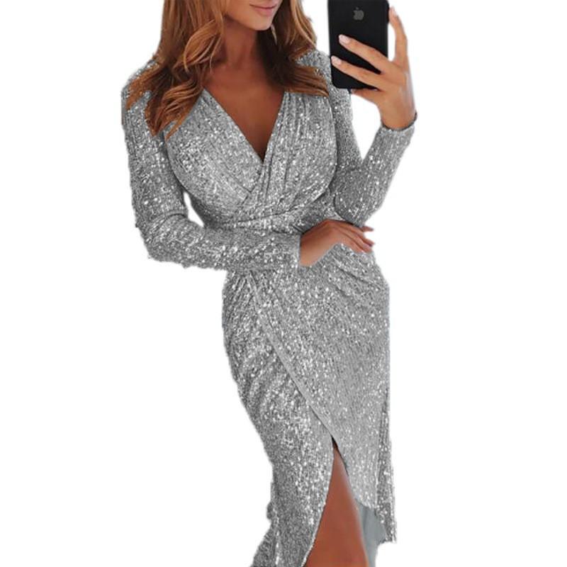 Elegante V-hals Lange Mouwen Pailletten Avondjurk Dames 2026 Formele Feestjurk Slim Fit Middellang