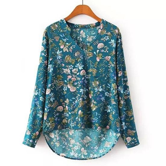 

Жіноча повсякденна сорочка з довгим рукавом і квітковим принтом, шифонова блуза, неправильна форма L синій