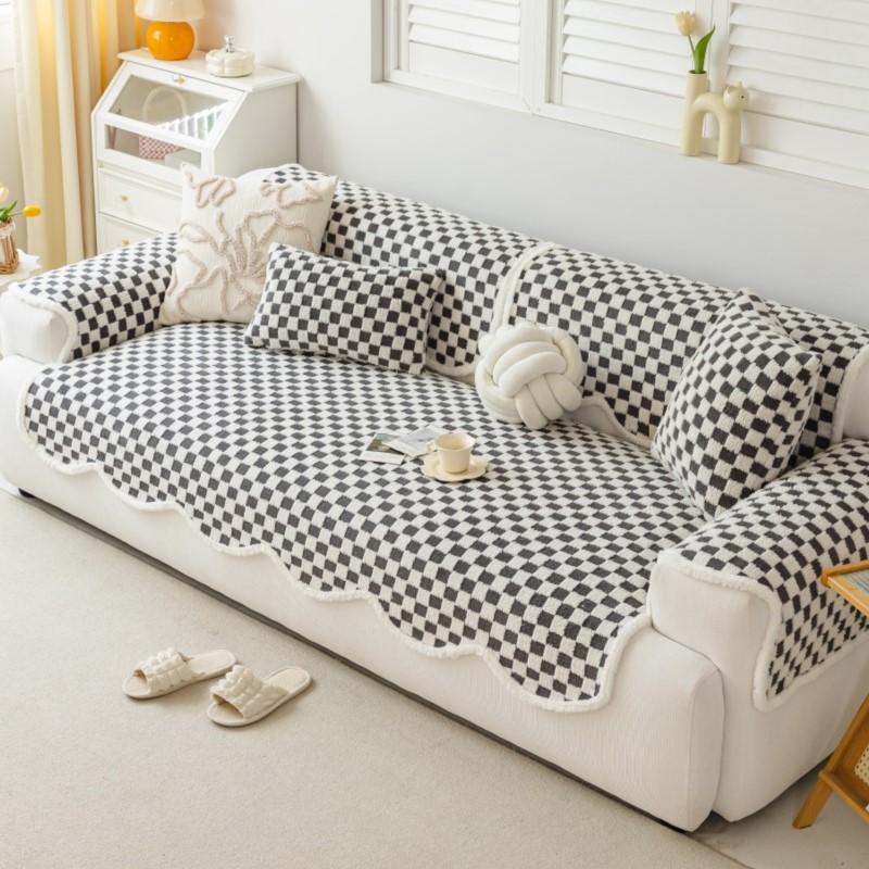 Plush Thicken Fringed Loveseat Pad Sitting Mat Minimal Balcony Mattress Special shaped Tatami Couch Protector Gentle Plaid Pattern Domestic Styling