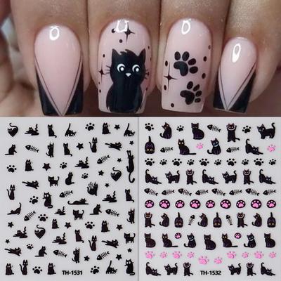 Nail Art Sticker, Cute And Naughty Black Kitten Cat Paw Cartoon Adhesive Nail Sticker.
