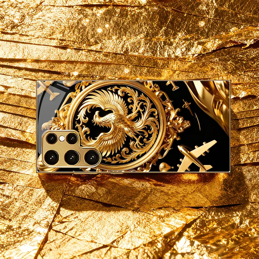 Sparkling Gold Phoenix phone case glass s25 ultra case s26 ultra case for Samsung Galaxy S26 S25 S24 S23 S22 FE Ultra Plus