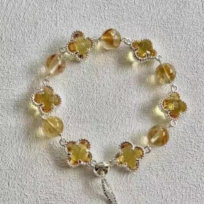 Natural Amethyst Citrine Clear Quartz Rose Four Leaf Clover Charm Bracelet Women 2025 Floral Style