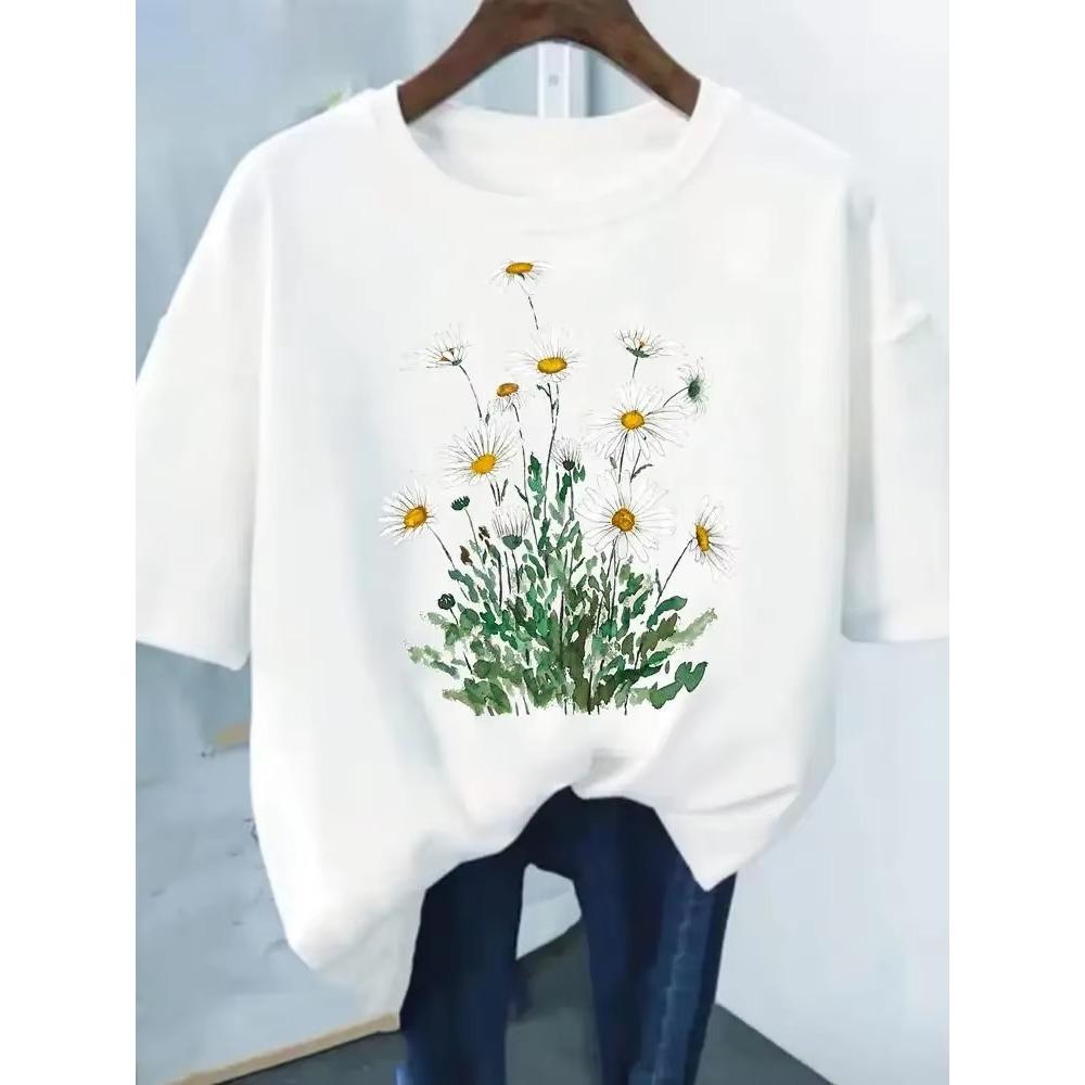 Flower Print Fashion Plant Trend Lovely print ladies T-shirt casual basics O-collar Black shirt short sleeve ladies T-shirts