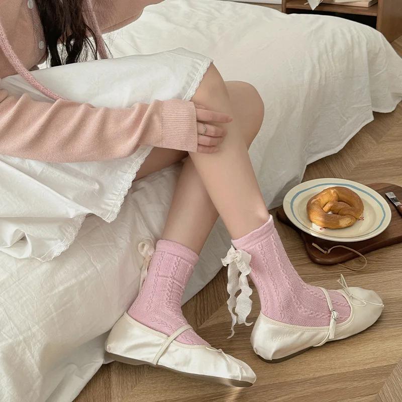 Heel Ribbon Bow Socks Children in Summer Thin Sweet Girl Lolita Socks Women Fried Dough Twists Pattern Tube Socks Absorb Sweat