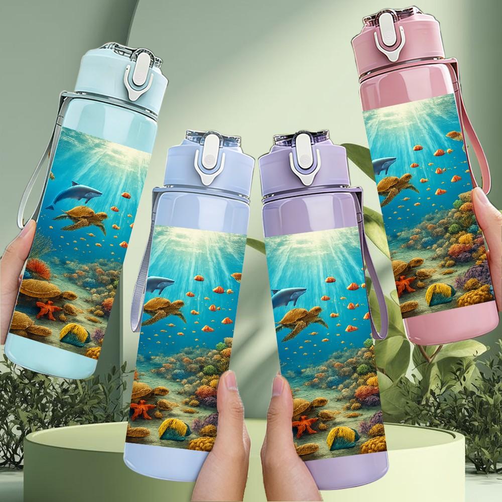 1PC Underwater Ocean Fish Scene Print 750ml Color Plastic Sports Water Bottle Leakproof Flip Straw Lid Suitable for Sports Office Home Use