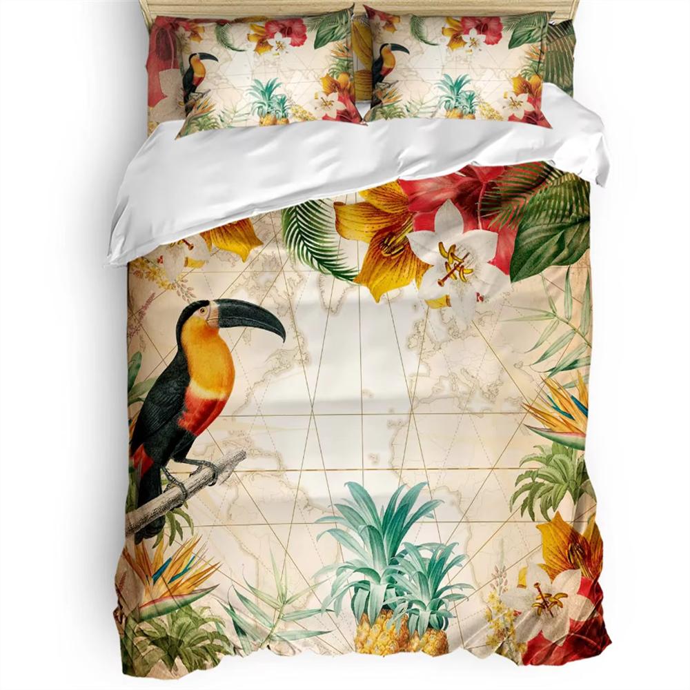 Parrot King Queen Bedding Set Cute Birds Colourful Feather Duvet Cover Tropical Flowers Comforter Cover Polyester Quilt Cover