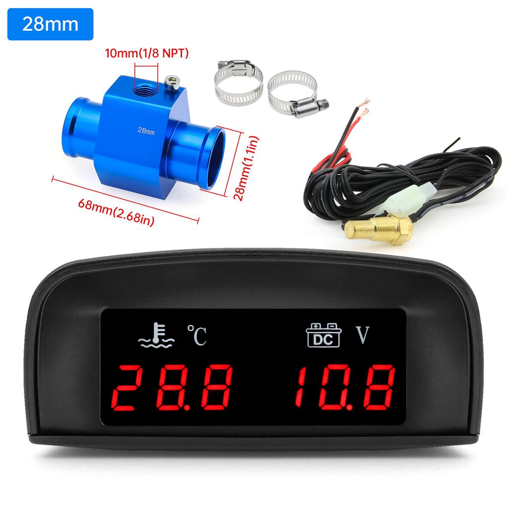 2 In 1 Car Water Temperature + Voltage Gauge LCD Display Digital Water Temp Gauge Voltmeter With 1/8 NPT Sensor Adapter 12V 24V