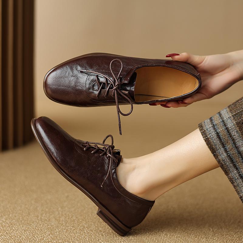 Mote 2025 Ny Vår Ekte Skinn Damesko Rund Tå Pumps Sko for Kvinner Loafers Damesko Retro Oxford