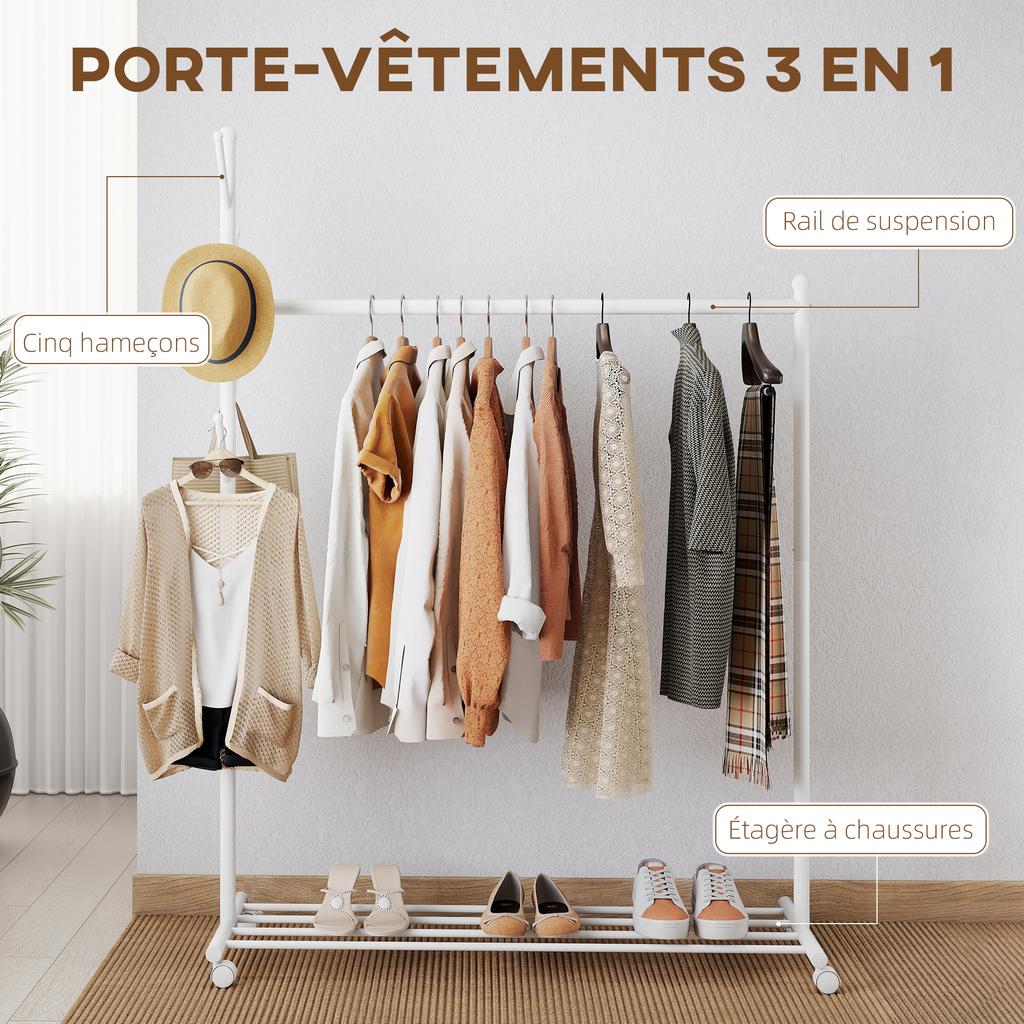 Coat Rack on Wheels with Shoe Shelf and 5 Hooks, 120x43x171cm, White