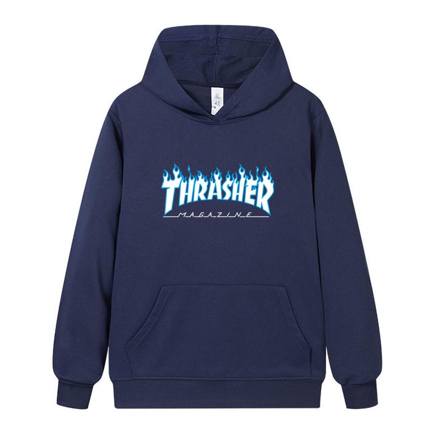 W02-2 Moletom com Capuz Unissex Thrasher Estampa de Chama Masculino Casual Solto Manga Longa Streetwear Pulôver
