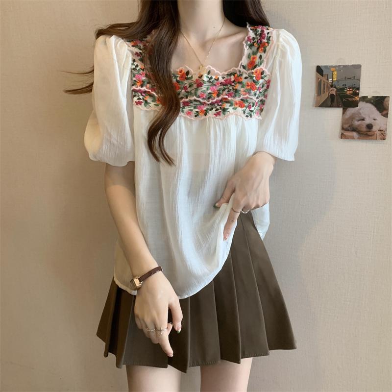 Sweet Embroidered Square Collar Lace Trimmed Chiffon Blouse Women s Summer Ethnic Fashion Top XS слоновая кость