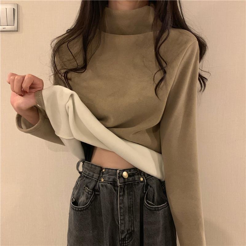Autumn and Winter Semi-high Collar Plus Velvet Thickening Warmth and Comfort Sanding Base Shirt with T-shirt Long-sleeved Solid Color Top