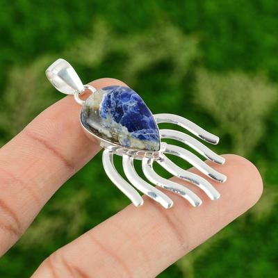 Daughters Day Deal Pear Natural Sodalite Ethnic Handcrafted Pendant 925 Silver